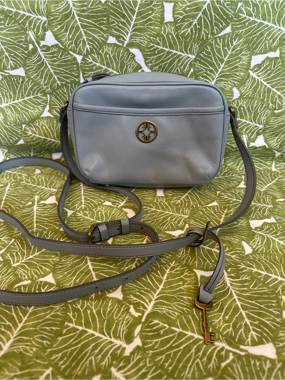 Fossil Light Blue Leather Crossbody Bag with Key Charm
